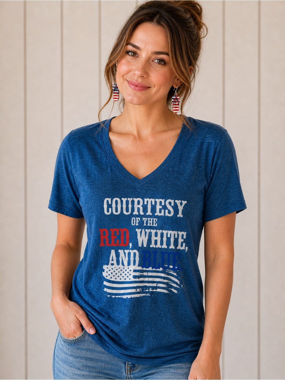 Patriotic Graphic Tee + Flip Flop Earrings Set - Red White & Blue XL